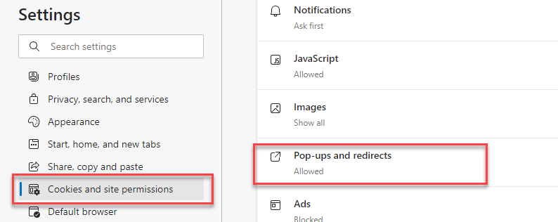 Figure 3 - Enable Pop-ups and redirects
